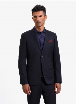 John Barritt man jacket, slim fit, full body lining, two buttons, double vent, flap pockets, pochette and amf. Poly/viscose stretch fabric. Color blue. Composition 75% polyester 23% viscose 2% elastane. Blue