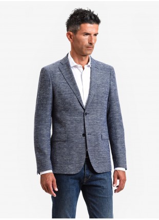 John Barritt man jacket, slim fit, full body lining, two buttons, double vent, flap pockets, amf and alcantara patches on contrast. Wool/linen fabric. Color light blue. Composition 46% wool 38% linen 16% polyester. Bluette