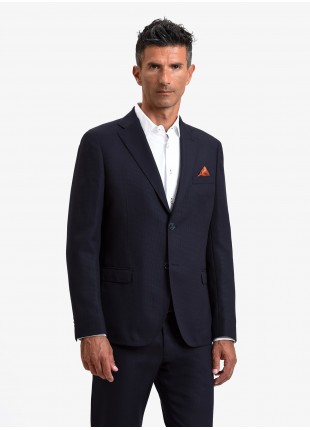 John Barritt man jacket, regular fit, half body lining, two buttons, double vent, flap pockets, pochette and amf. Mixed wool fabric. Color blue. Composition 70% wool 30% polyester. Blue