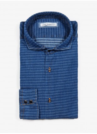 John Barritt man shirt, slim fit, denim cotton fabric with horizontal stripes, half french collar, color blue. Composition 100% cotton. Blue