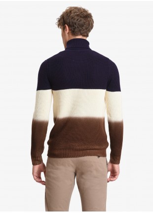 John Barritt man turtle neck sweater, slim fit, three colored stripes, pure wool yarn. Colors purple, old white and brown. Composition 100% wool. Aubergine