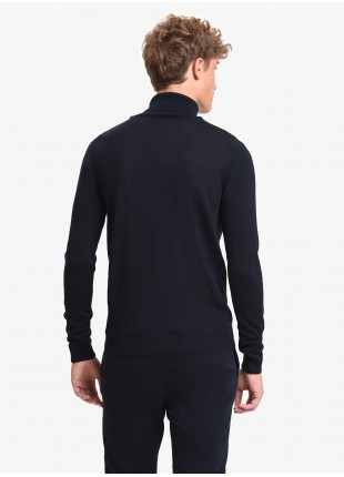 John Barritt man turtle neck sweater, slim fit, jacquard design on front. Color blue/brown. Composition 50% wool 45% acrylic 5% silk. Blue