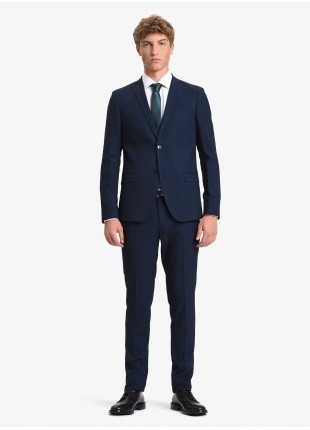 John Barritt man suit, slim fit, two buttons, double vent and amf. Lenght jacket 72 cm. Polyester/viscose stretch fabric. Color blue. Composition 79% polyester 20% viscose 1% elastane. Blue