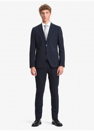 John Barritt man suit, slim fit, two buttons, double vent and amf. Lenght jacket 72 cm. Mixed wool stretch fabric. Color blue. Composition 60% wool 38% polyester 2% elastane. Blue