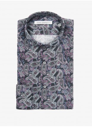 Camicia uomo John Barritt, vestibilita slim, in cotone stampato con fantasia cashmere, collo mezzo francese, colore nero/viola. Composizione 100% cotone. Blue