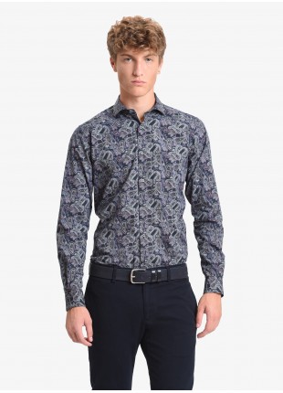 Camicia uomo John Barritt, vestibilita slim, in cotone stampato con fantasia cashmere, collo mezzo francese, colore nero/viola. Composizione 100% cotone. Blue