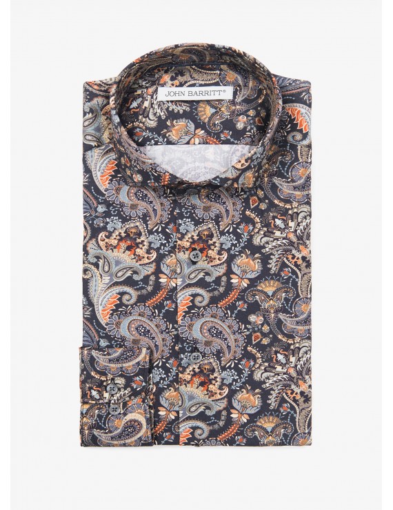 John Barritt man shirt, slim fit, printed cotton fabric with cashmere pattern, half french collar, color blue/mustard. Composition 100% cotton. Blue