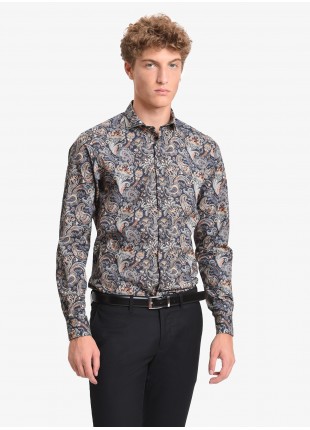 Camicia uomo John Barritt, vestibilita slim, in cotone stampato con fantasia cashmere, collo mezzo francese, colore blu/ocra. Composizione 100% cotone. Blue