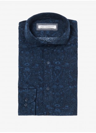 Camicia uomo John Barritt, vestibilita slim, in velluto leggero, fantasia a fiori stampata, collo mezzo francese, colore blu. Composizione 100% cotone. Blue